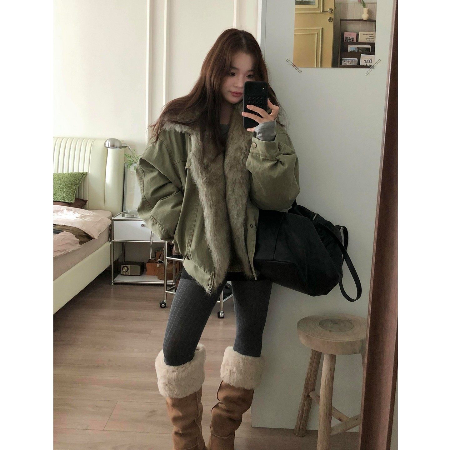 韩系大毛领工装外套女