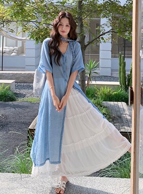 蓝色V领衬衫连衣裙叠穿半身裙两件套女2026夏新款清冷松弛感穿搭