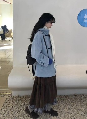 蓝色牛角扣连帽呢子大衣女2025新款毛呢外套小个子赫本风韩系短款