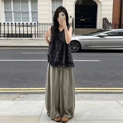 格子背心上衣女阔腿裤两件套装