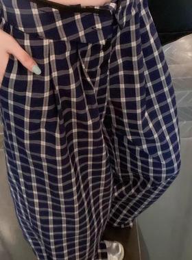 赵露思同款格子休闲裤蓝色复古格纹阔腿裤女秋冬宽松显瘦拖地裤子