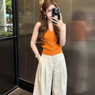 炸街辣妹针织上衣拖地裤两件套