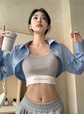 韩系蓝色短款polo领衬衫女装夏季宽松设计感衬衣长袖小众外套上衣