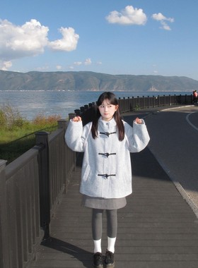 蓝色韩系轻奢学院风连帽毛呢大衣女2025秋冬新款时尚减龄呢子外套