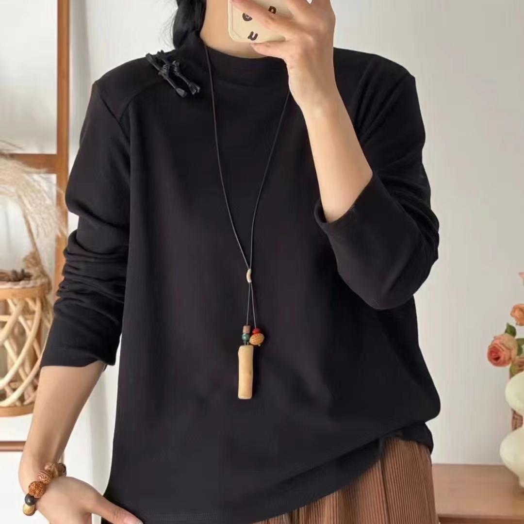 文艺纯色半高领两粒盘扣长袖打底衫新款时尚休闲内外搭上衣B33