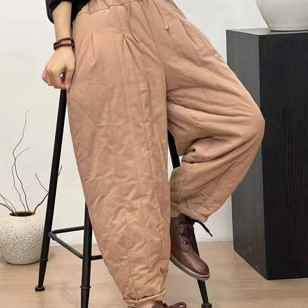 竖条纹压线夹棉休闲裤女文艺复古舒适保暖松紧高腰哈伦裤C12