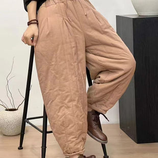 竖条纹压线夹棉休闲裤女文艺复古舒适保暖松紧高腰哈伦裤C12