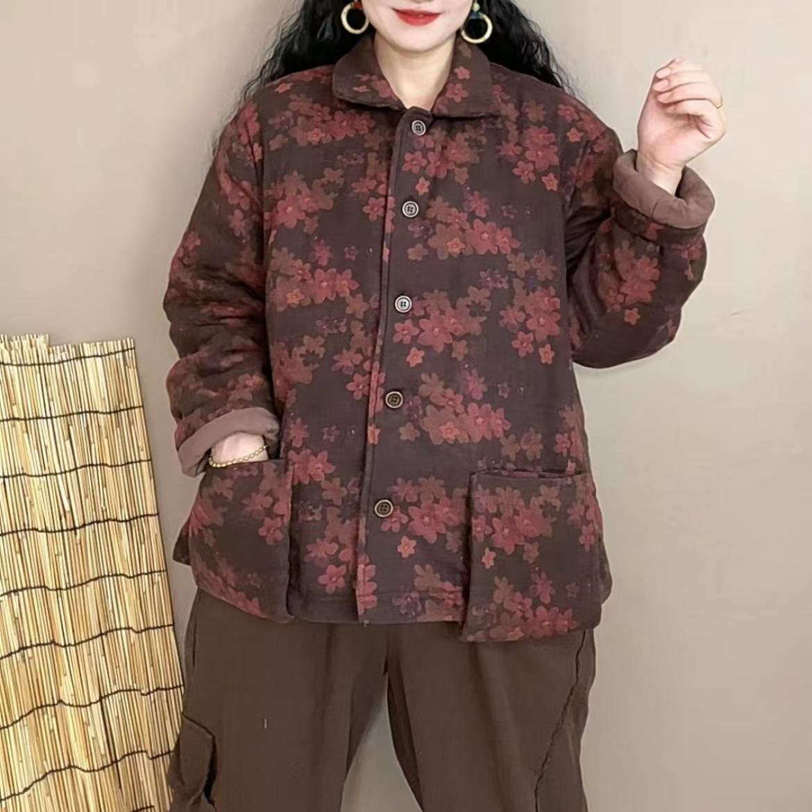 新款复古文艺印花棉衣外套