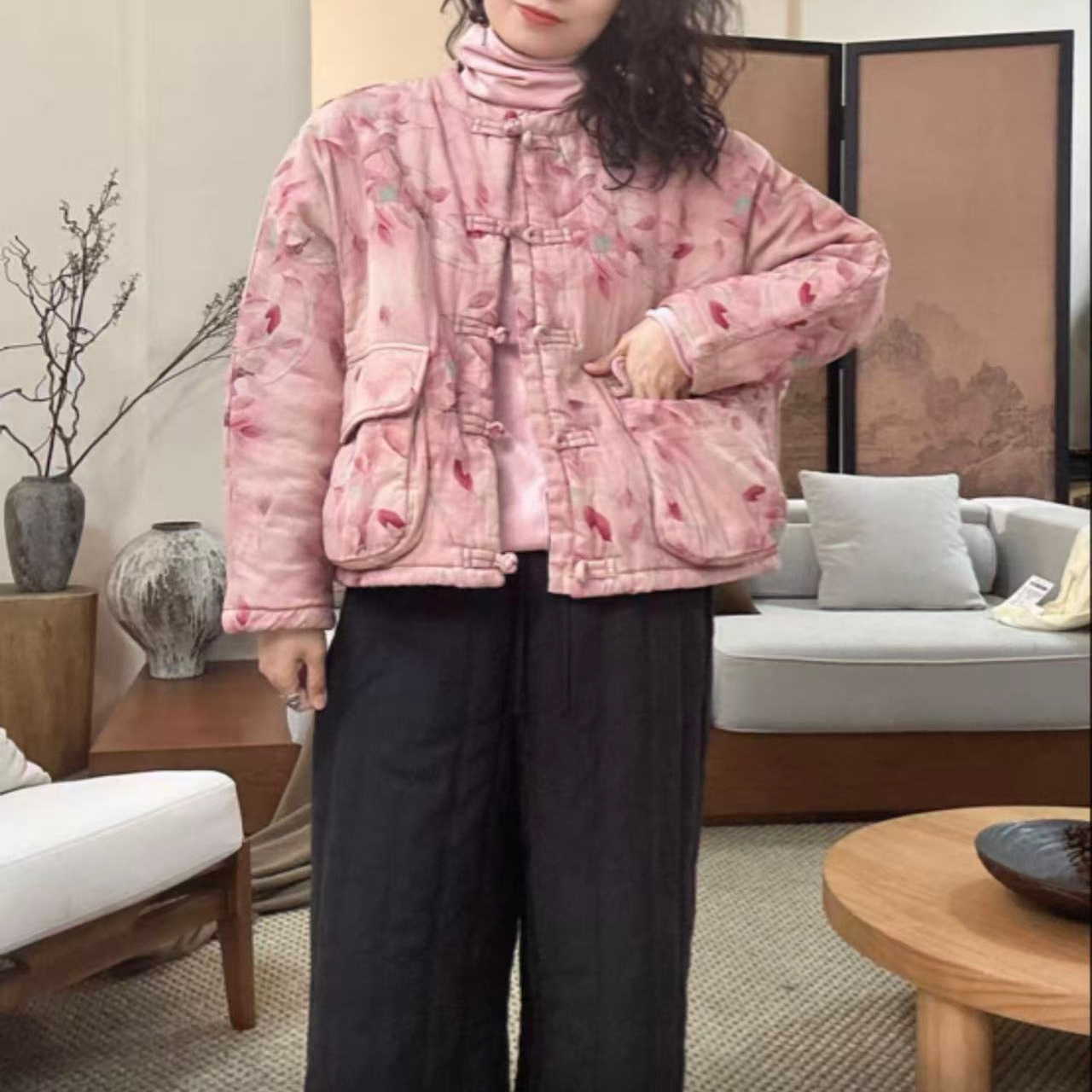 国风单排盘扣袋盖双口袋休闲棉服女宽松百搭时尚保暖上衣1209