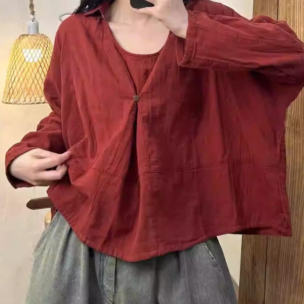 上衣休闲棉纱圆领简约风一粒扣