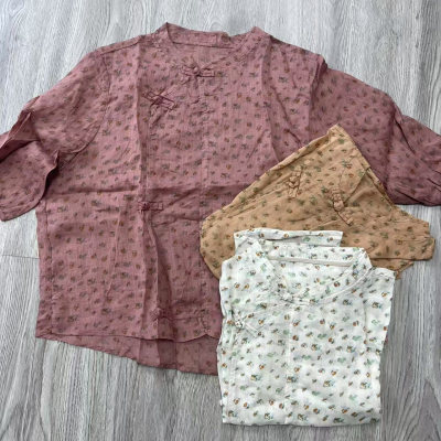 宽松百搭纯苎麻小碎花衬衣新款文艺时尚斜襟盘扣上衣女M23