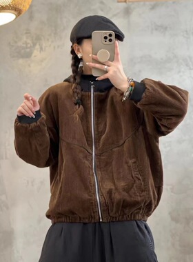 时尚帽子拼色灯芯绒加棉加厚拉链外套休闲百搭宽松文艺棉衣K41#