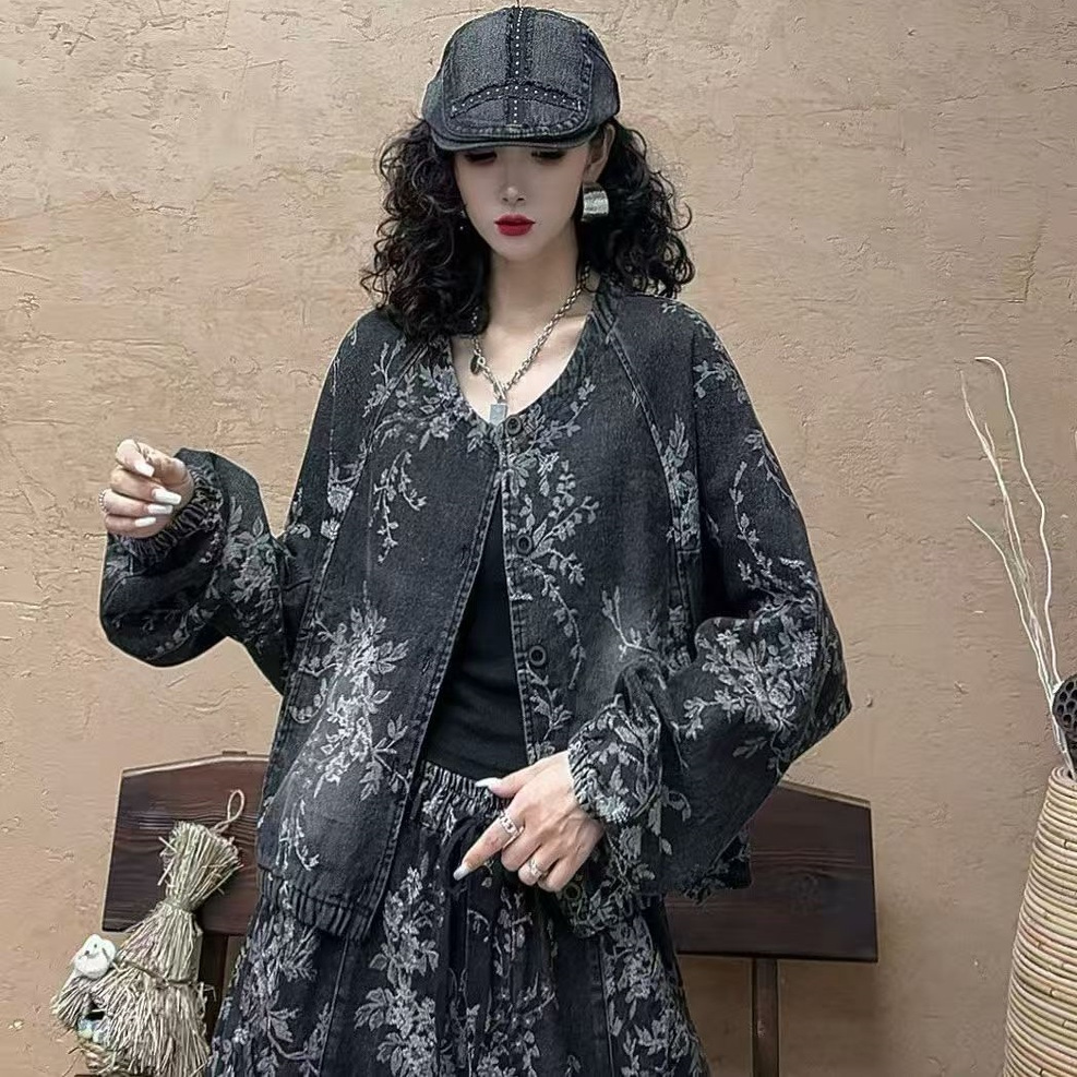 洋气时尚满提花牛仔外套女新款宽松百搭休闲单排扣上衣潮S34