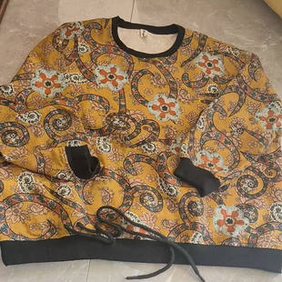 双层麻纱大码 下摆抽绳宽松显瘦套头螺纹拼接文艺范印花卫衣E15