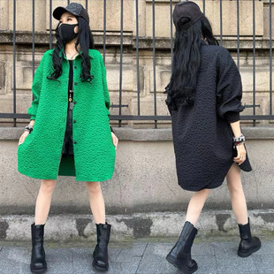 肌理感褶皱宽松外套女文艺纯色小翻领洋气上衣潮D23 中长款 时尚