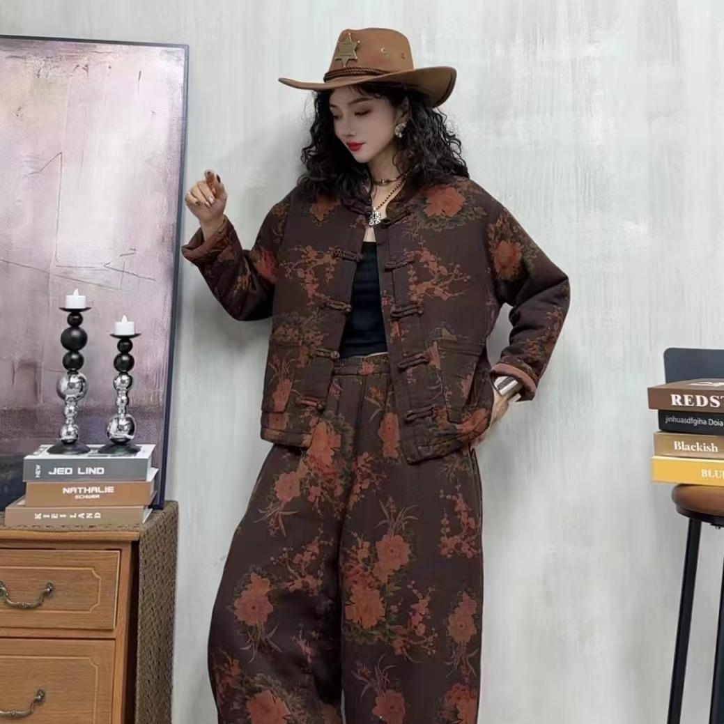 民族风时尚满印花夹棉套装冬季单排盘扣立领棉衣高腰休闲裤R11#