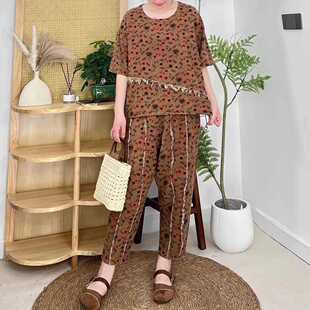 Q22 圆领套头毛边T恤别致拼接哈伦裤 棉纱洋气印花套装 炒色大码