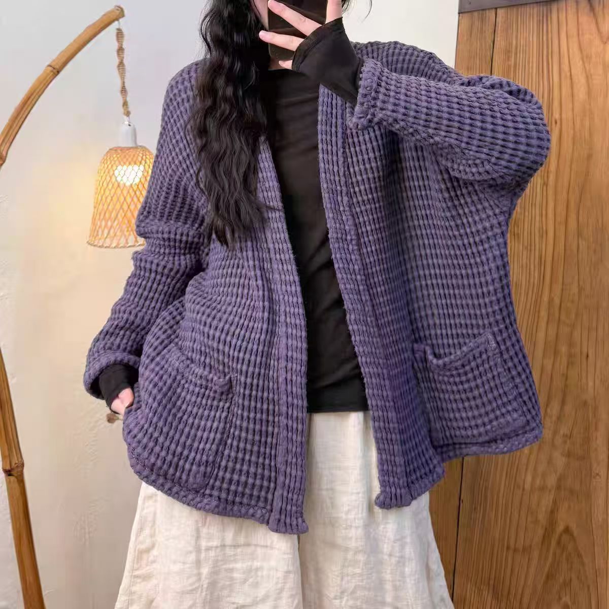 设计感炒色做旧蜂窝开衫外套女时尚宽松百搭显瘦上衣潮R33