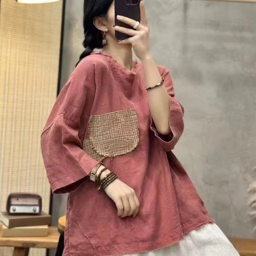 复古亚麻炒色做旧格子口袋拼接套头T恤女时尚宽松百搭上衣潮Q12