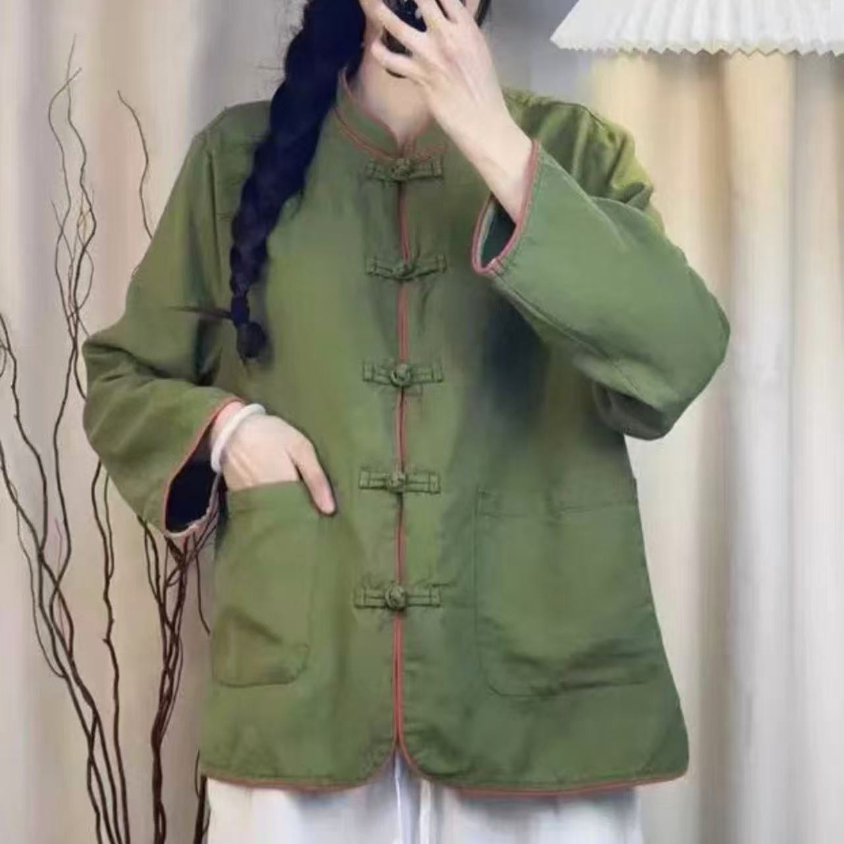 纯亚麻复古盘扣立领长袖外套女文艺时尚宽松百搭休闲国风上衣T13