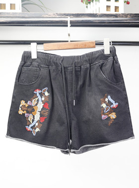 夏新款民族风刺绣阔腿裤松紧腰休闲裤宽松弹力牛仔短裤女L23#