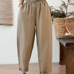 L24 文艺纯色宽松百搭哈伦裤 纯亚麻一粒扣松紧高腰萝卜裤 女新款