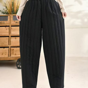 竖条纹压线夹棉加厚保暖休闲裤 P15 女简约宽松百搭纯色高腰裤