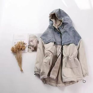 福利 牛仔布拼接连帽休闲加绒加厚棉服中长收腰显瘦保暖外套E25