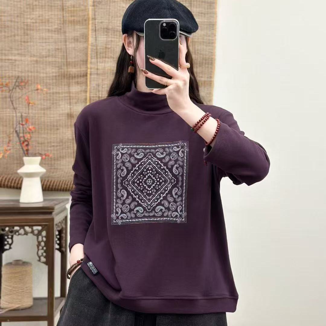 新款时尚印花半高领奥粒绒打底衫女冬季宽松百搭内外搭上衣F43