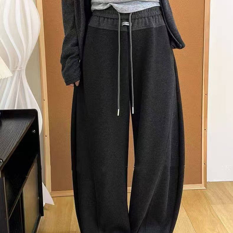 慵懒风时尚撞色直筒休闲弯刀裤时尚洋气加绒加厚高腰舒适裤Q22