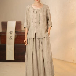 夏季文艺复古纯色褶皱苎麻套装半袖盘扣流苏衬衣+高腰半身裙M4344