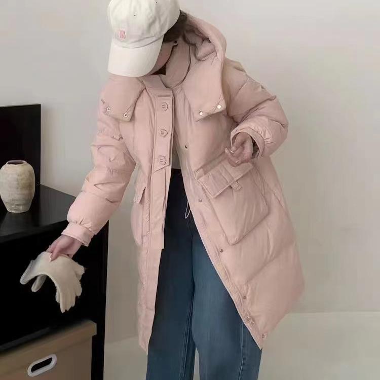 时尚三粒扣加厚保暖羽绒服女冬季中长款连帽休闲白鸭绒外套P25