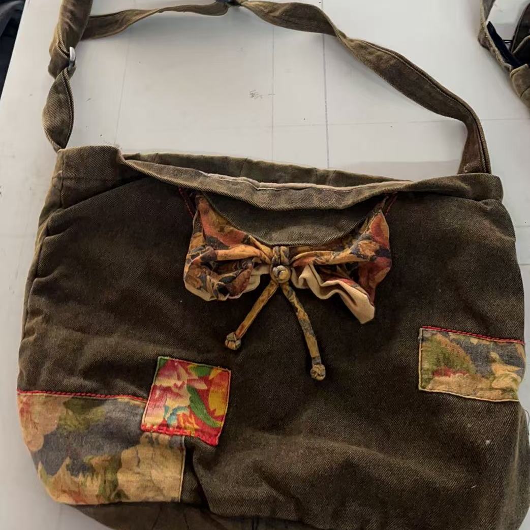 复古文艺老布拼接大码可调节麻料斜挎包炒色做旧文艺范包包