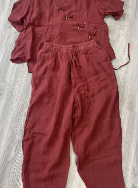 100%纯苎麻轻薄套装V领斜襟盘扣系带小衫高腰百搭萝卜裤C45