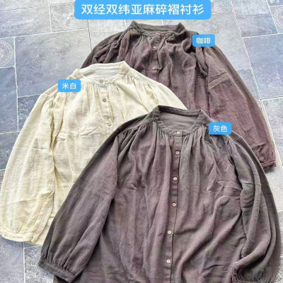 双经双纬亚麻褶皱衬衫女春秋文艺休闲宽松百搭纯色衬衣K15