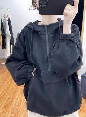 韩版时尚宽松休闲连帽套头上衣女文艺复古纯色大口袋外套F34