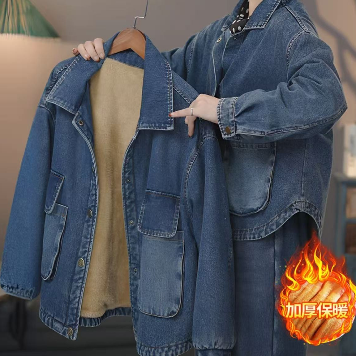 超值 炒色做旧加绒加厚牛仔棉衣冬季保暖休闲单排按扣上衣H42 43