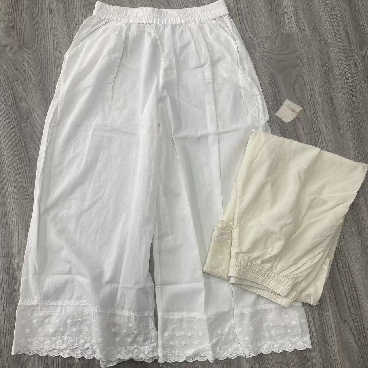 森系蕾丝钩花刺绣阔腿裤棉质打底宽松百搭休闲高腰裤E14