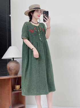 砂洗炒色精致彩色刺绣连衣裙时尚半开襟复古文艺大码长裙K33#