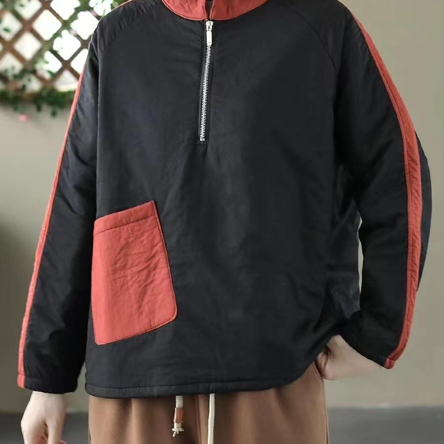 复古拼接立领棉服宽松大码