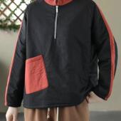 复古时尚 撞色半开襟夹棉卫衣棉服秋冬宽松百搭立领上衣G34