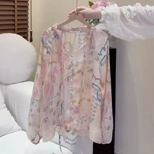 甜美风领口系带时尚印花衬衣女新款轻薄透气苎麻衬衫077