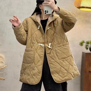 百搭休闲双口袋棉衣M31 日系复古中长款 牛角扣连帽棉服女新款