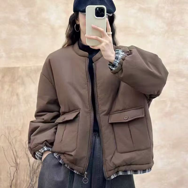 袋盖双口袋休闲宽松百搭圆领棉服女新款文艺时尚拉链上衣F14