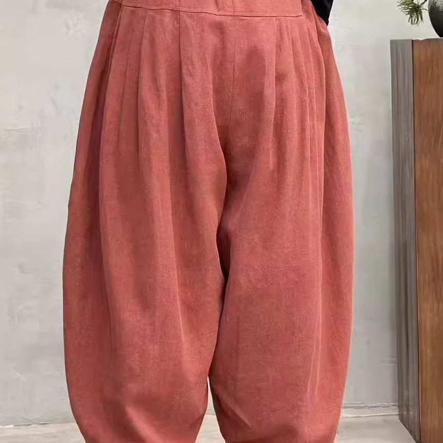 苎麻棉裤胖MM遮肉加棉显瘦松紧高腰灯笼裤时尚拼接系带休闲裤B45