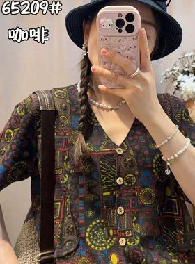民族风棉线文艺复古V领单排扣满印花衬衣女宽松百搭休闲上衣L23