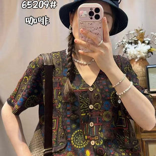 民族风棉线文艺复古V领单排扣满印花衬衣女宽松百搭休闲上衣L23