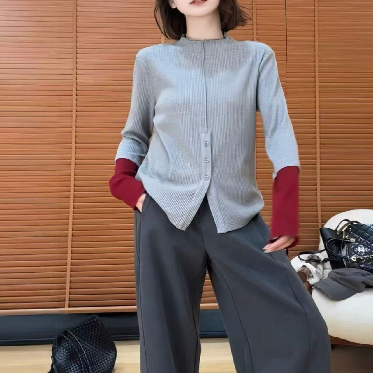 新款时尚洋气百搭显瘦拼色袖口针织衫女圆领长袖打底衫上衣C14