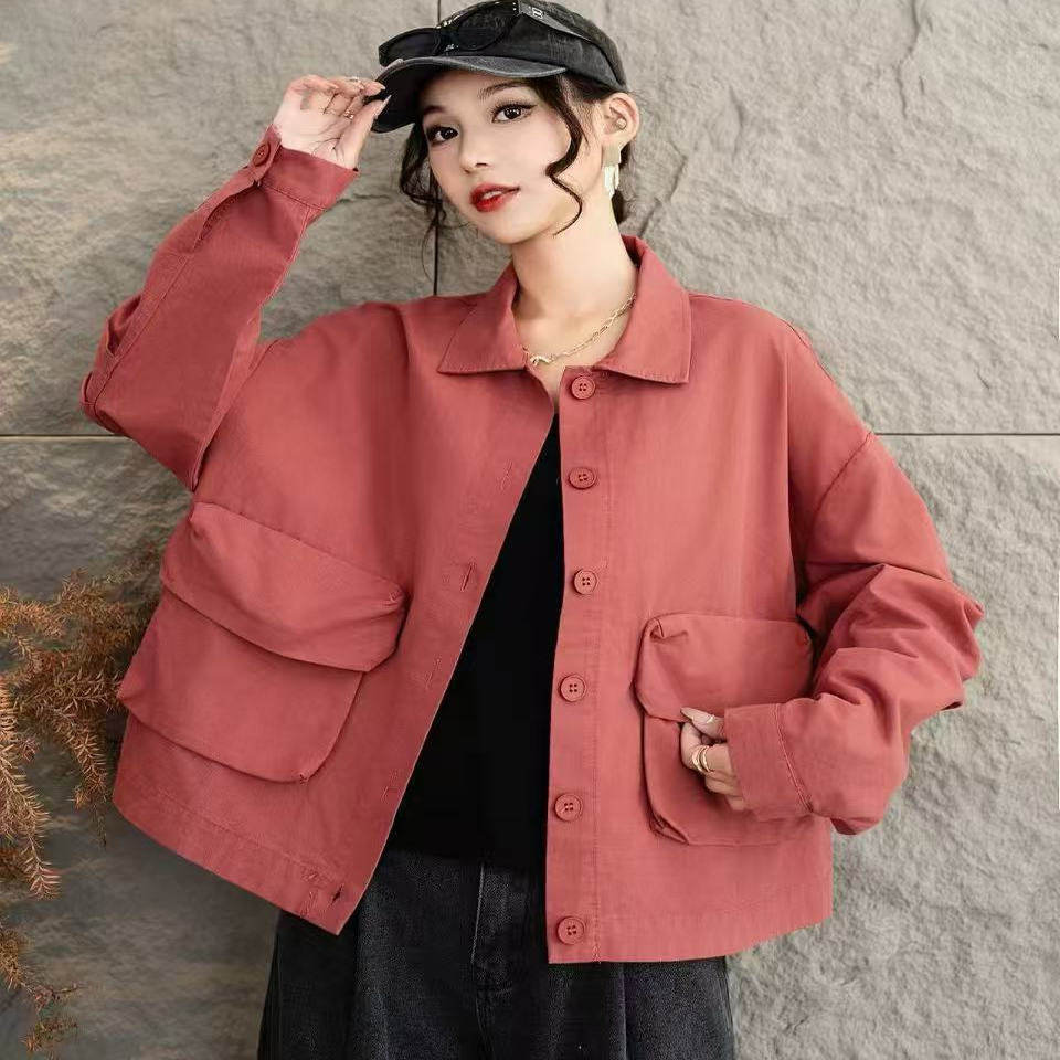 春款大码宽松纯色翻领单排扣外套立体双口袋洋气休闲上衣K44