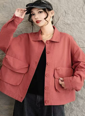 春款大码宽松纯色翻领单排扣外套立体双口袋洋气休闲上衣K44